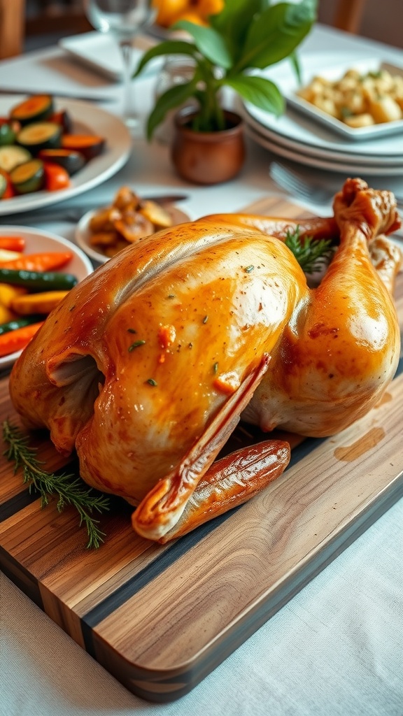 Oven-baked turkey breast resting on a cutting board, garnished with herbs with side dishes on a festive table.